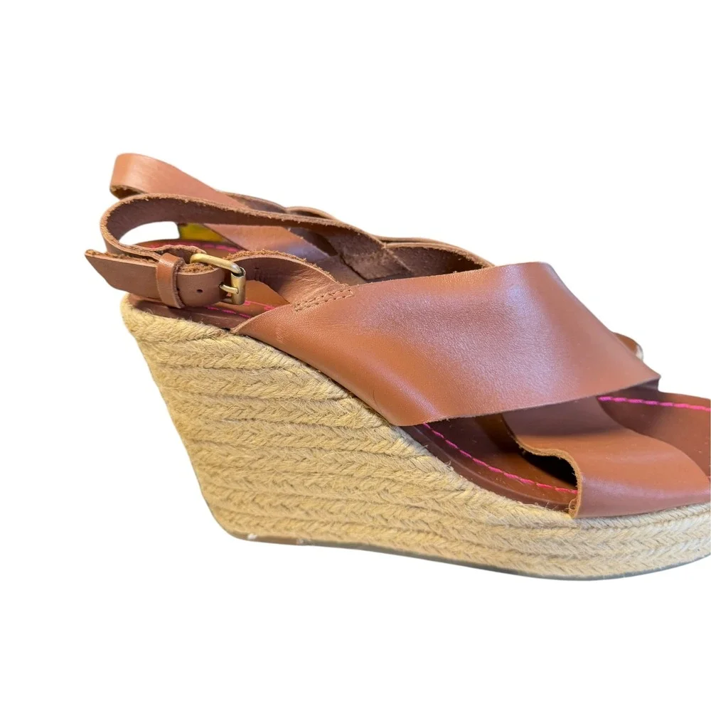Boden Tan Leather Espadrille Wedge Sandals Slingback Brown Pink Stitch 40 9.5